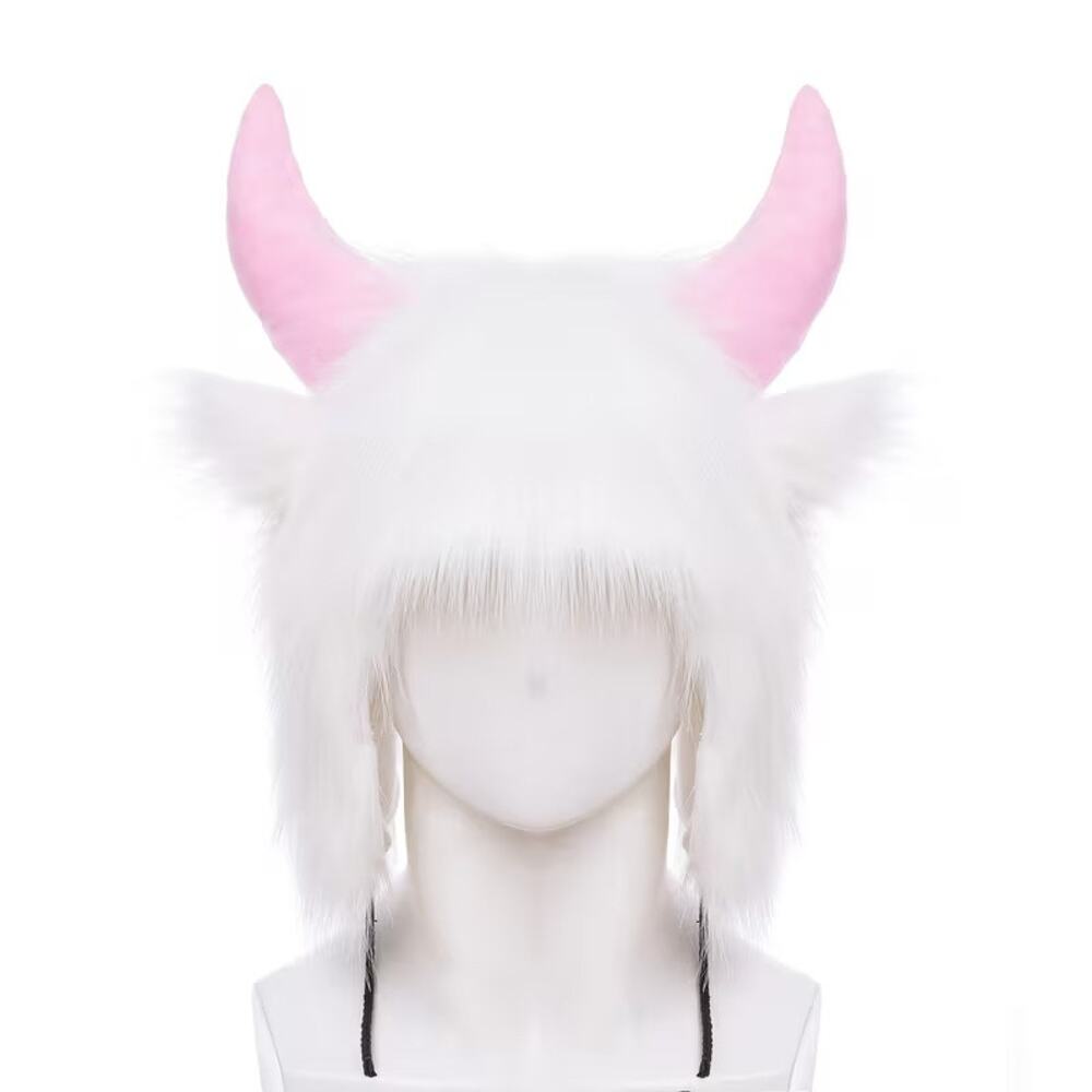 Warm Furry Winter Ox, Cow, Buffalo, Yak Horn Ear Cosplay Fuzzy Hat - White/Pink